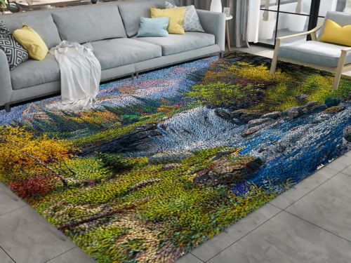 Printed Canvas Creek; Creek Landscape Style Large Hook Rug Kit, finished product for home display, home decor, or DIY rugs.